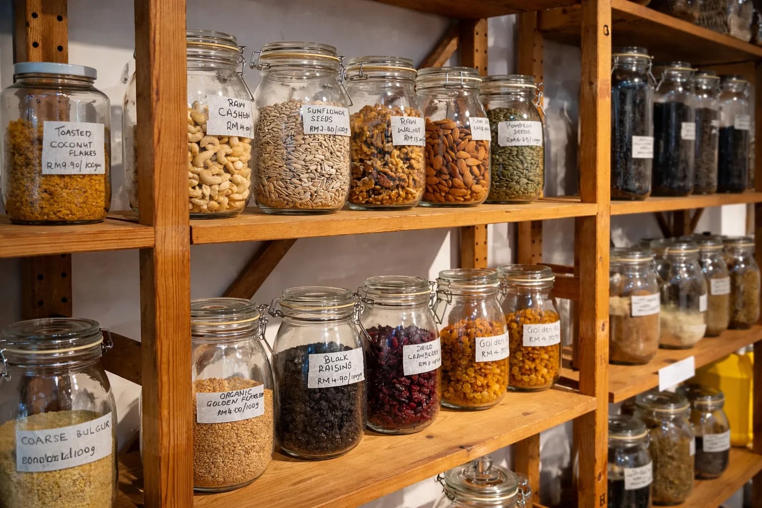 Glass jars filled with grains and dry goods on shelves